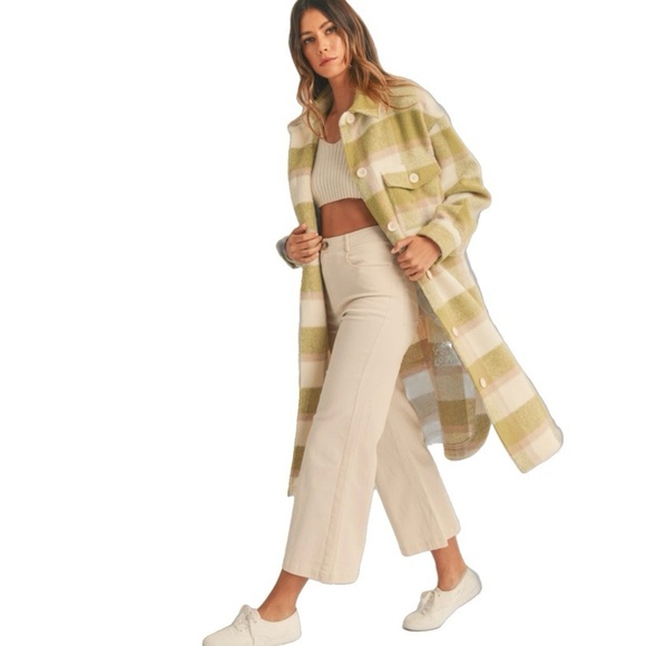 NWOT MABLE Moriya Plaid Long Shirt Shacket Jacket, Kiwi Green and Cream size M - Picture 3 of 7